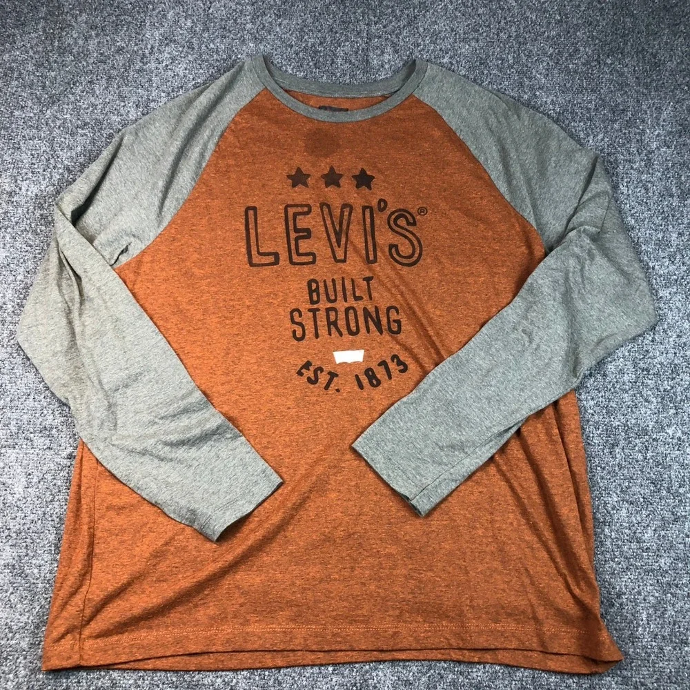 LEVIS BUILT STRONG EST 1873 Raglan Long Sleeve T Shirt Mens XL Orange‎ Gray
